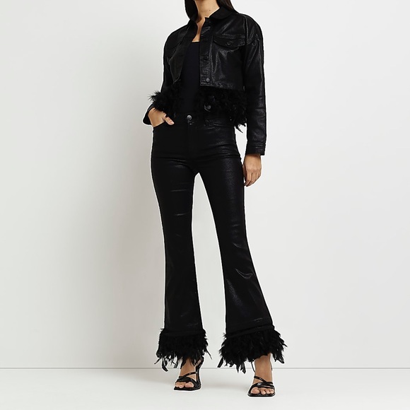 River Island Black Coated Mid Rise Feather Flared Jeans - Picture 2 of 4
